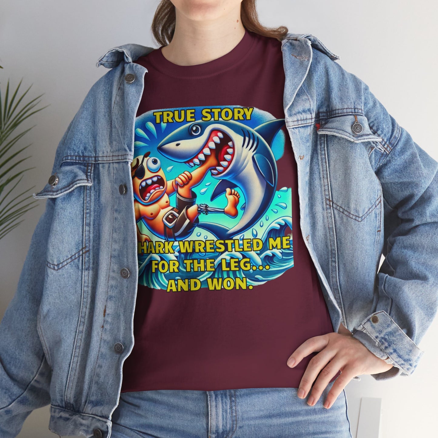 Amputee Humor True Story Shark Wrestled Me For The Leg, And Won - Unisex Heavy Cotton Tee