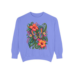 Floral Butterfly Sweatshirt — Tropical Hibiscus Garden Crewneck