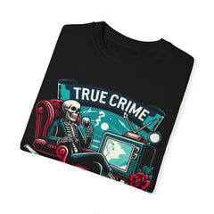 True crime junkie tshirt, vintage style tee, skeleton graphic tee, relaxed fit tee, crime lover, mystery lover, stylish tshirt for her/him.