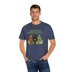 Cryptid Group Therapy Bigfoot, Mothman and Loch Nessie Unisex T-Shirt, Funny Graphic Tee, Gift for Cryptid Lovers, Quirky Casual Wear, Cool Humor Shirt