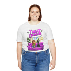 Personalized Treat Dealer T-Shirt — Funny Pet Lover Tee with Girl and Dog on Purple Couch