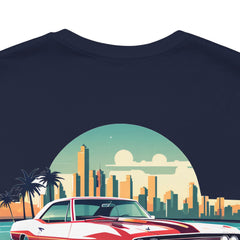 Vintage Car Graphic Tee - Sunset Cityscape Design