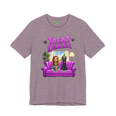 Personalized Treat Dealer T-Shirt — Funny Pet Lover Tee with Girl and Dog on Purple Couch