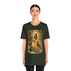 Fairy Tale Forest Tee — Woman with Dog Vintage Fantasy Graphic Shirt