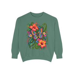 Floral Butterfly Sweatshirt — Tropical Hibiscus Garden Crewneck