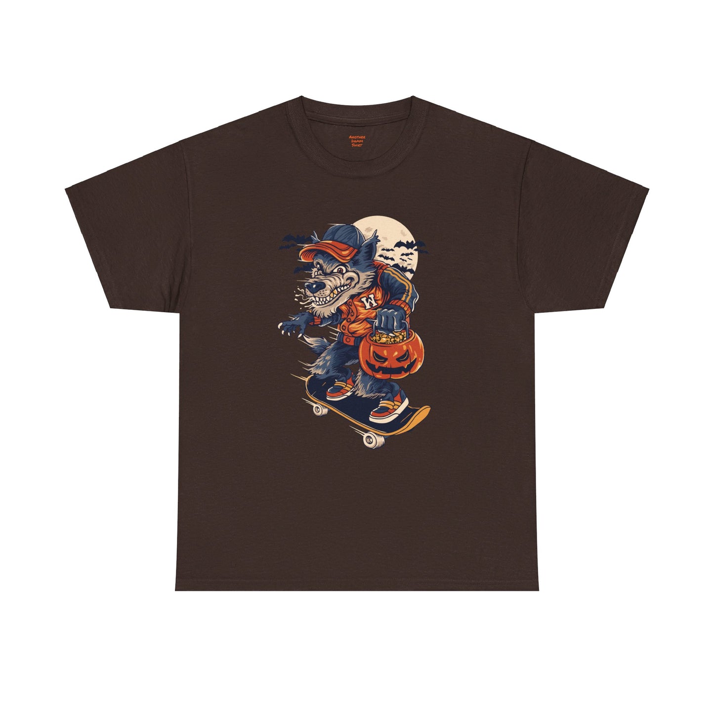 Trick or Treat Skateboarding Wolf! Graphic Unisex Heavy Cotton Tee