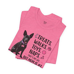 Personalized Your Dog and its name Mother's Day T-Shirt — 'Treats. Walks. Toys. Naps.