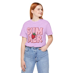Summer Strawberry T-Shirt — Cute Pink Graphic Tee with Strawberry "SUMMER" Design
