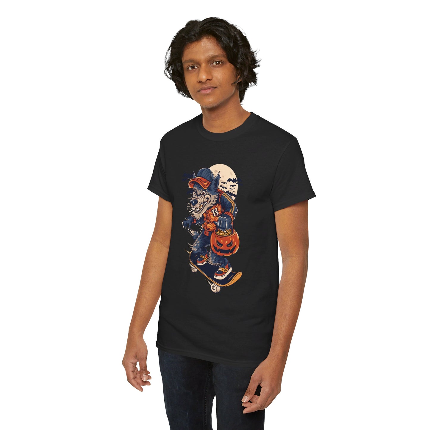 Trick or Treat Skateboarding Wolf! Graphic Unisex Heavy Cotton Tee