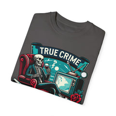 True crime junkie tshirt, vintage style tee, skeleton graphic tee, relaxed fit tee, crime lover, mystery lover, stylish tshirt for her/him.