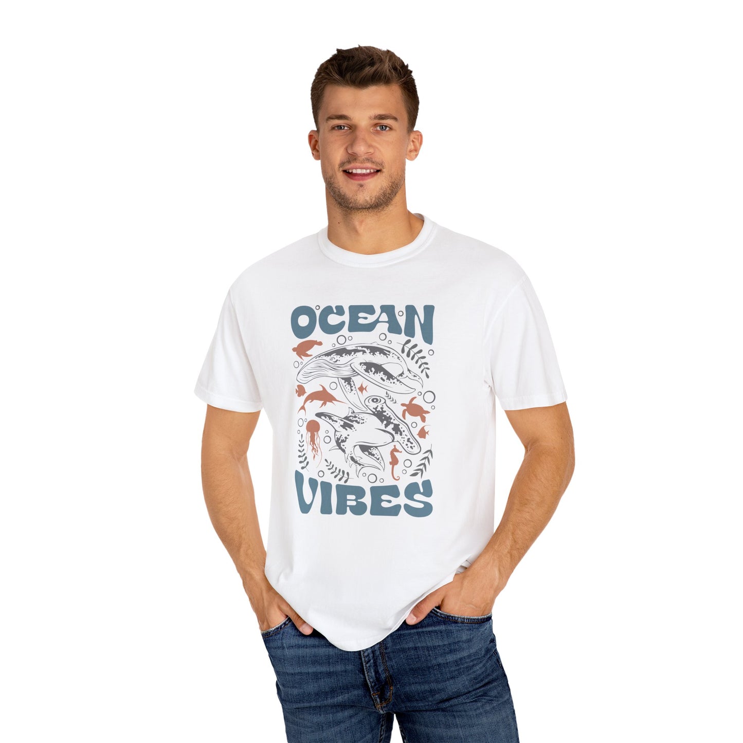 Whales and Dolphins, Ocean Vibes -  Graphic Unisex Garment-Dyed T-shirt