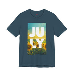 July Sunflower T‑Shirt – Summer Graphic Tee with 'JULY' Text