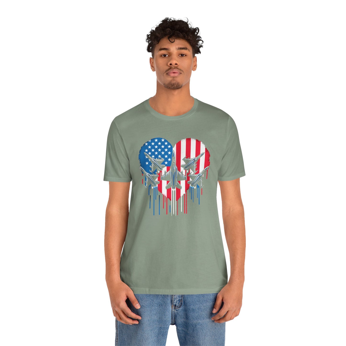 Red White and Blue Heart with Jets Graphic, Unisex Jersey Short Sleeve Tee