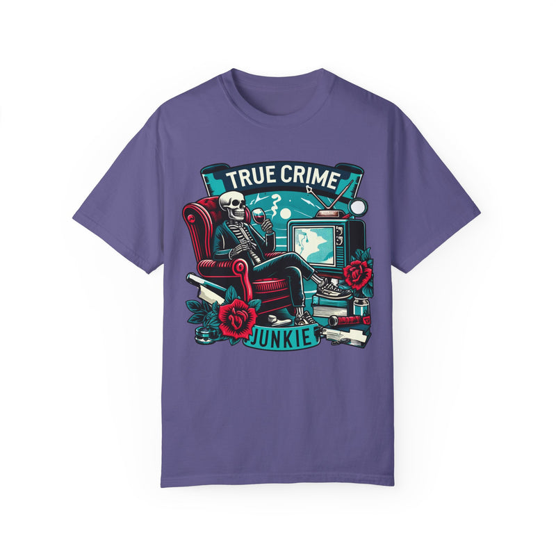 True crime junkie tshirt, vintage style tee, skeleton graphic tee, relaxed fit tee, crime lover, mystery lover, stylish tshirt for her/him.