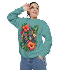 Floral Butterfly Sweatshirt — Tropical Hibiscus Garden Crewneck
