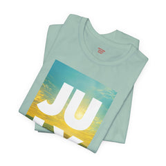 July Sunflower T‑Shirt – Summer Graphic Tee with 'JULY' Text
