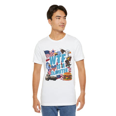 WTF Is A Kilometer? Patriotic Graphic Tee - Funny USA Eagle Burger Design