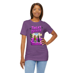 Personalized Treat Dealer T-Shirt — Funny Pet Lover Tee with Girl and Dog on Purple Couch