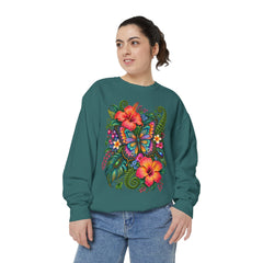 Floral Butterfly Sweatshirt — Tropical Hibiscus Garden Crewneck