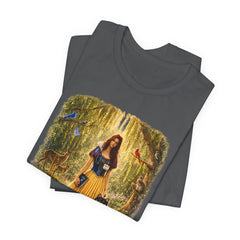 Fairy Tale Forest Tee — Woman with Dog Vintage Fantasy Graphic Shirt