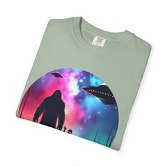 Bigfoot & Alien Nightscape T-Shirt — Sasquatch UFO Graphic Tee