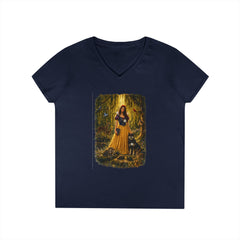 Fairy Tale Snow White & Dog V-Neck T-Shirt — Whimsical Princess Forest Graphic