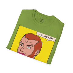 Call Me Baby Unisex Softstyle T-Shirt  Pop Art Bearded Guy with a pacifier and a bow tie
