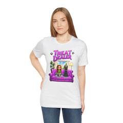 Personalized Treat Dealer T-Shirt — Funny Pet Lover Tee with Girl and Dog on Purple Couch