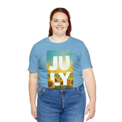 July Sunflower T‑Shirt – Summer Graphic Tee with 'JULY' Text