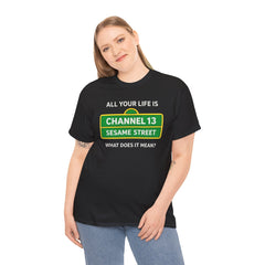 FUNNY T SHIRT  ALL YOUR LIFE IS CHANNEL 13 SESAME STREET WHAT DOES IT MEAN? MUSIC LYRICS. Unisex Heavy Cotton Tee
