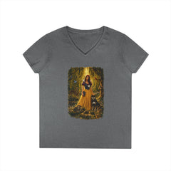 Fairy Tale Snow White & Dog V-Neck T-Shirt — Whimsical Princess Forest Graphic