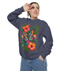 Floral Butterfly Sweatshirt — Tropical Hibiscus Garden Crewneck