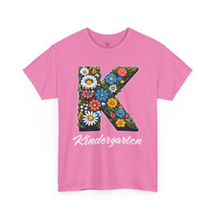 Kindergarten Floral Letter Tee, Kids Birthday Gift, Teacher Appreciation Shirt, Spring Celebration Tee, Unisex Cotton Tee