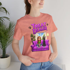 Personalized Treat Dealer T-Shirt — Funny Pet Lover Tee with Girl and Dog on Purple Couch