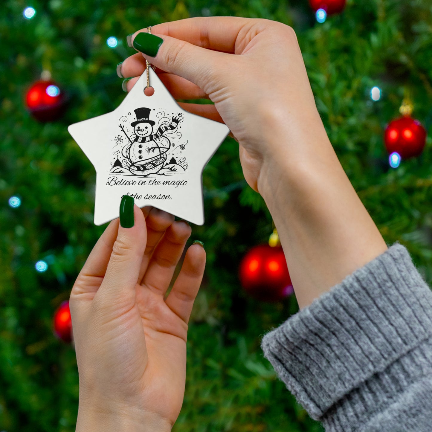 Believe in the power of the season adorable Snowman - Personalized Ceramic Ornament, 4 Shapes Choose one: snowflake, star, heart or circle.