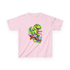 Kids Skateboarding T‑Rex Tee — Neon Dino Skateboard Shirt for Boys & Girls