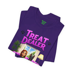 Personalized Treat Dealer T-Shirt — Funny Pet Lover Tee with Girl and Dog on Purple Couch