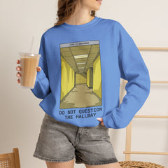 Crewneck Sweatshirt "Do Not Question the Hallway" – Retro Yellow Corridor Graphic