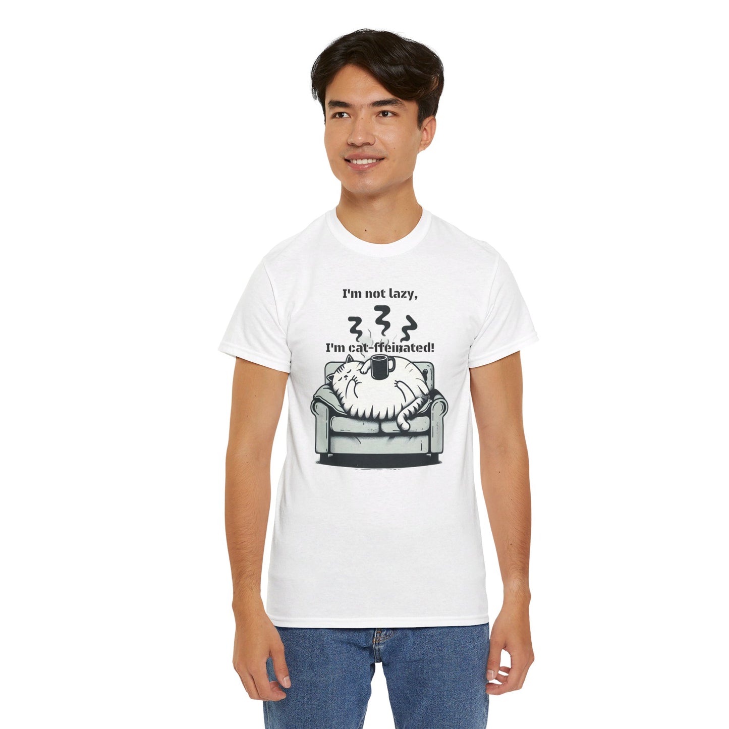 I'm not lazy, I'm cat-ffeinated! Plump Cat on a Sofa - Unisex Heavy Cotton Tee