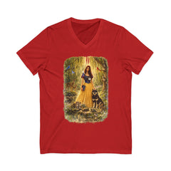 Forest Maiden V-Neck Tee — Woman with Dog & Nature Illustration
