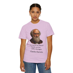Darwin Coffee Funny T-Shirt — "Survival of the Fittest? I Barely Survive Coffee Shortages."