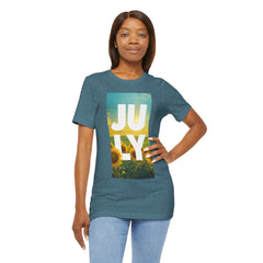 July Sunflower T‑Shirt – Summer Graphic Tee with 'JULY' Text