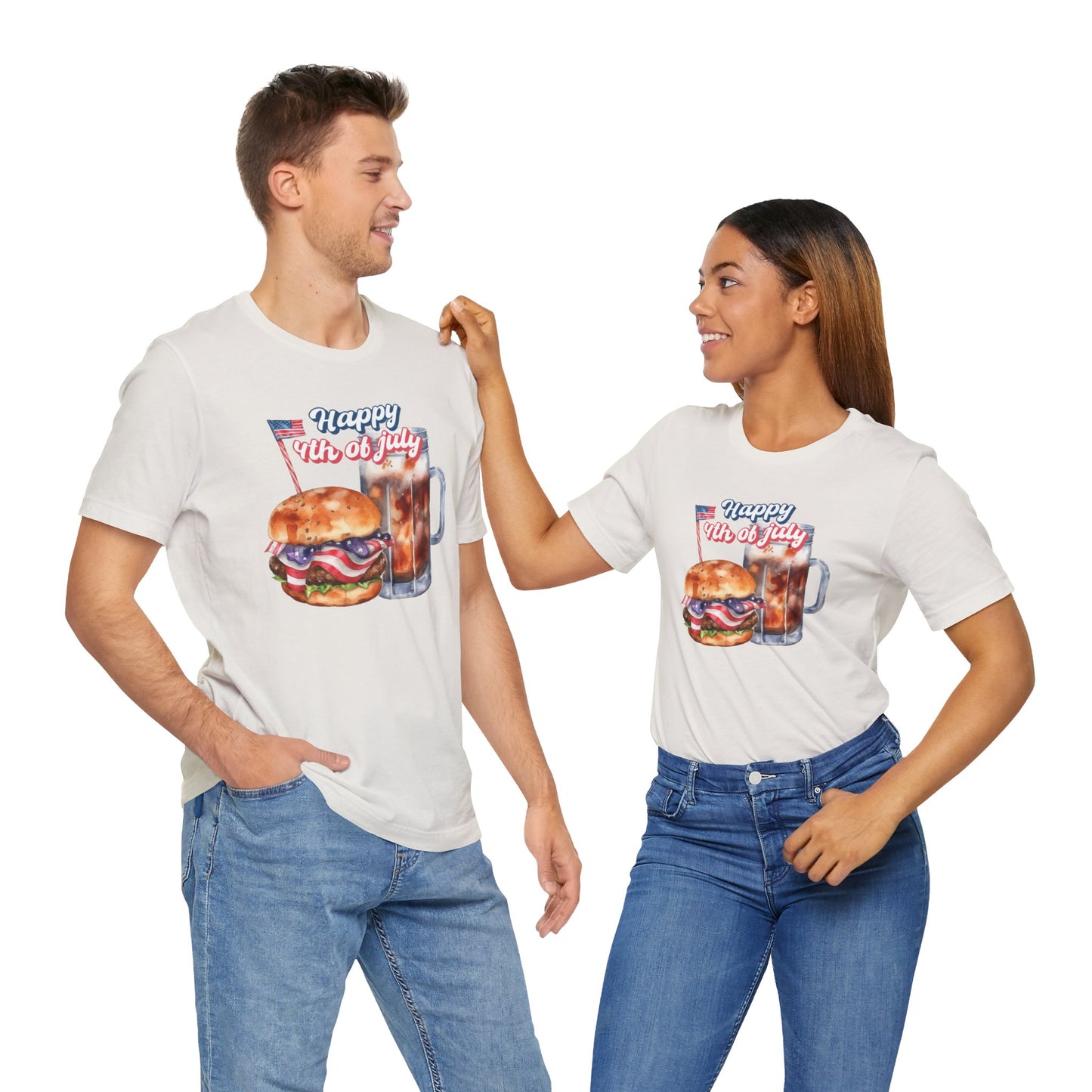 Happy 4th Of July Burger and Mug Graphic, Unisex Jersey Short Sleeve Tee