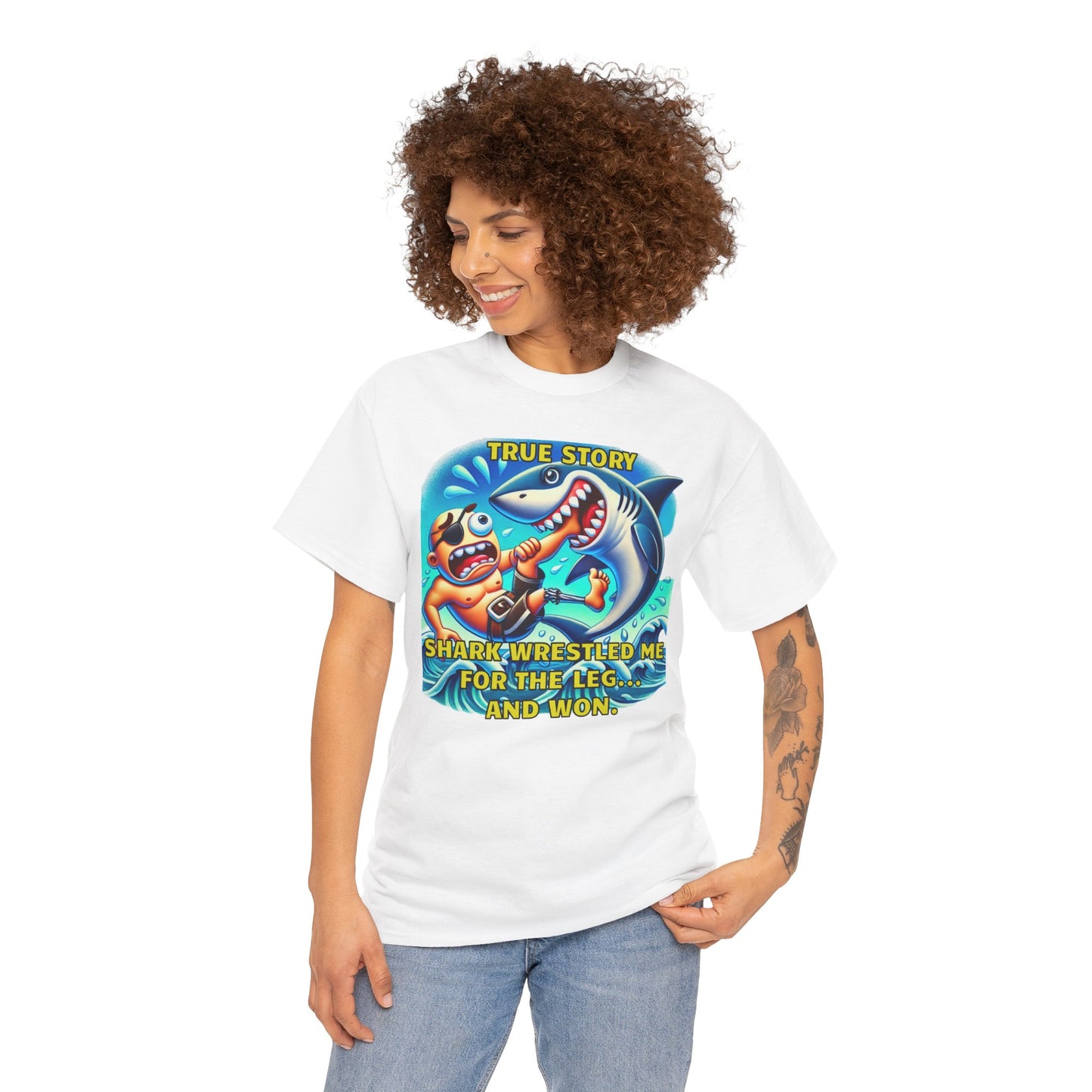 Amputee Humor True Story Shark Wrestled Me For The Leg, And Won - Unisex Heavy Cotton Tee