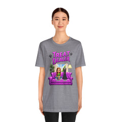 Personalized Treat Dealer T-Shirt — Funny Pet Lover Tee with Girl and Dog on Purple Couch