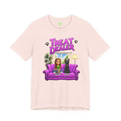 Personalized Treat Dealer T-Shirt — Funny Pet Lover Tee with Girl and Dog on Purple Couch