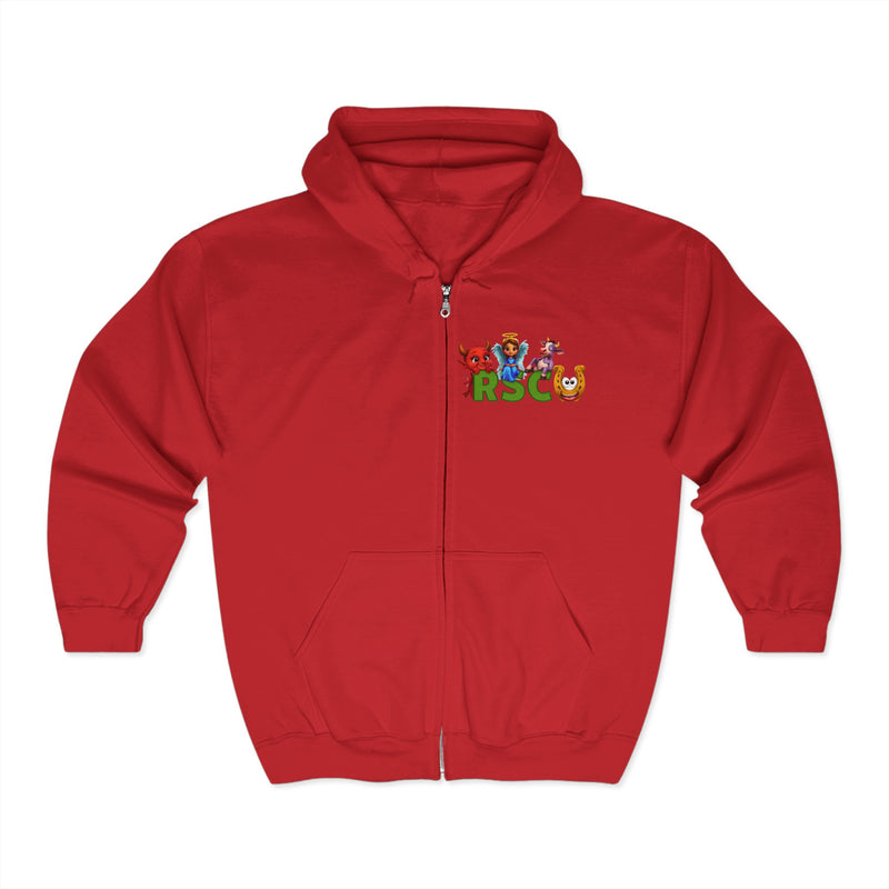 Russell Sage College Mascot Full Zip Hoodie - Purple Cow, Red Devil, Golden Horseshoe, Blue Angel