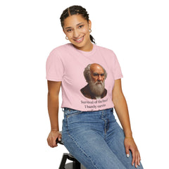 Darwin Coffee Funny T-Shirt — "Survival of the Fittest? I Barely Survive Coffee Shortages."