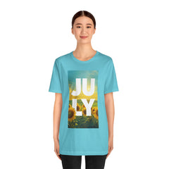 July Sunflower T‑Shirt – Summer Graphic Tee with 'JULY' Text