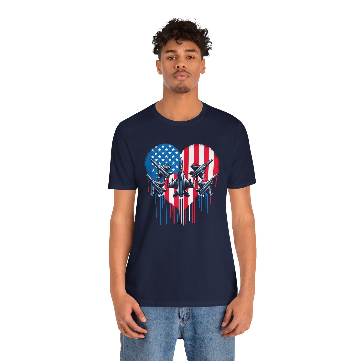 Red White and Blue Heart with Jets Graphic, Unisex Jersey Short Sleeve Tee